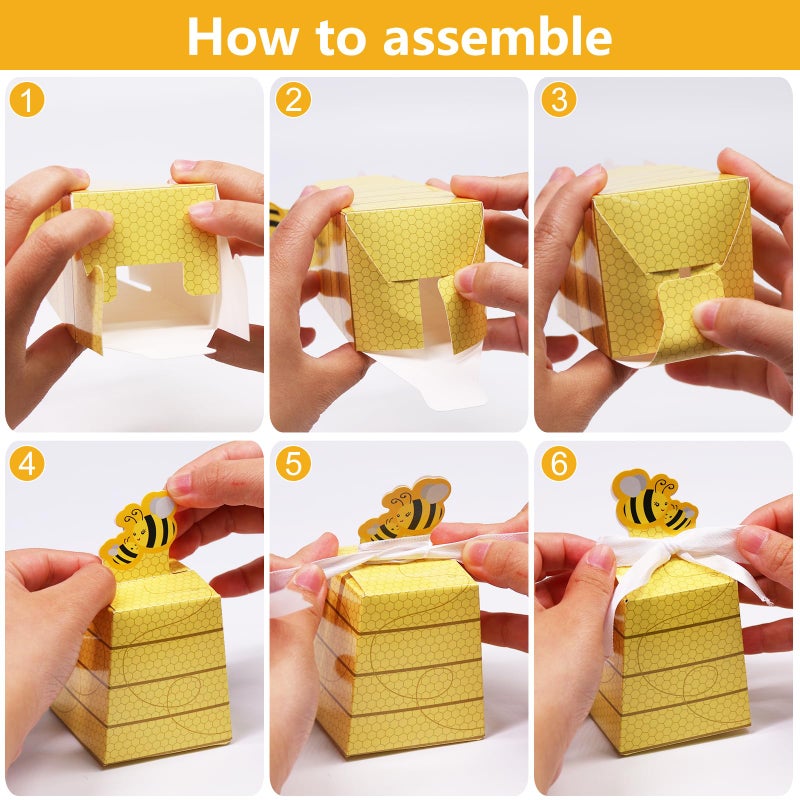 SumDirect Paper Beehive Gift Boxes - Bumble Bee Candy Boxes with Ribbons, 50PCS Baby Shower Wedding Favor Beehive Decorations - Image 4